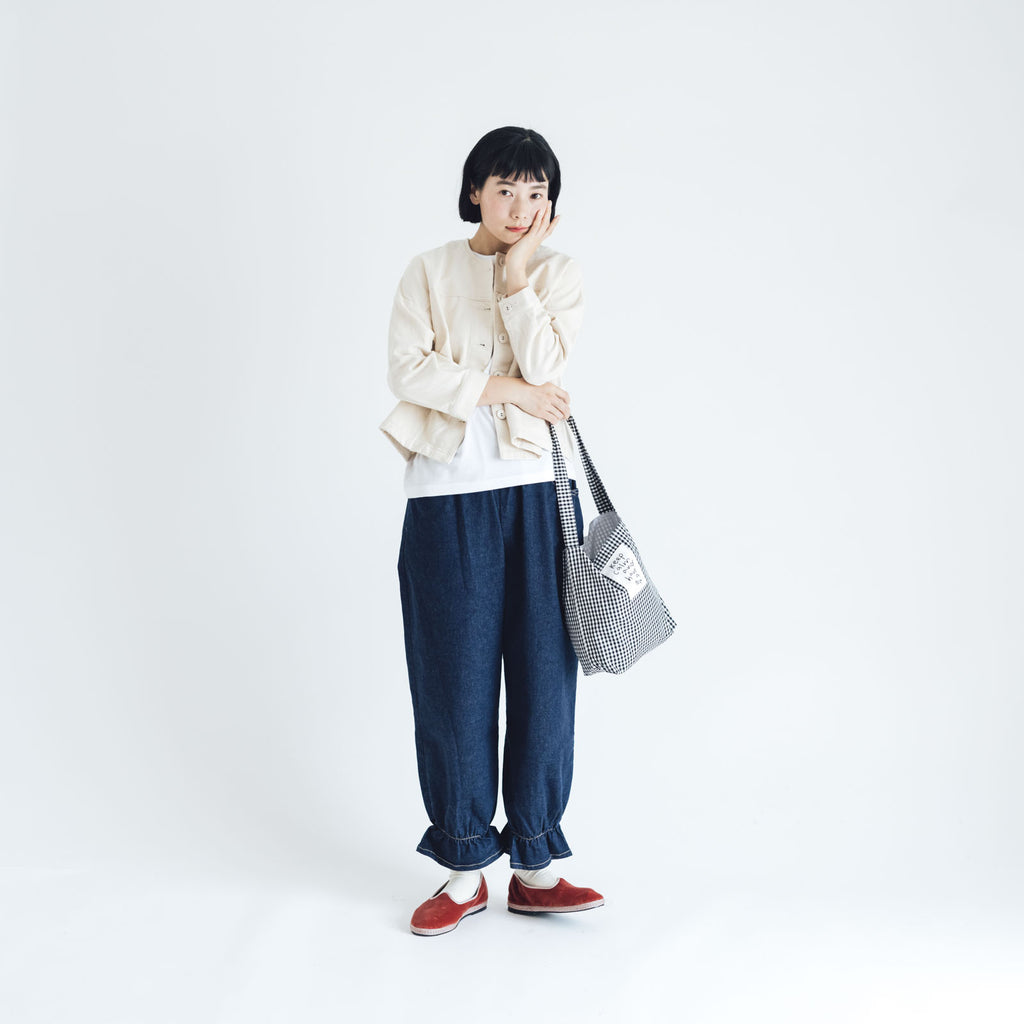 pot and tea デニム裾ゴムパンツ 紺