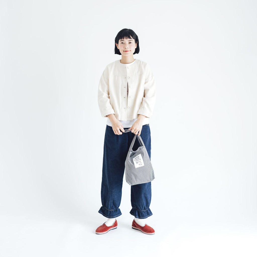pot and tea デニム裾ゴムパンツ 紺