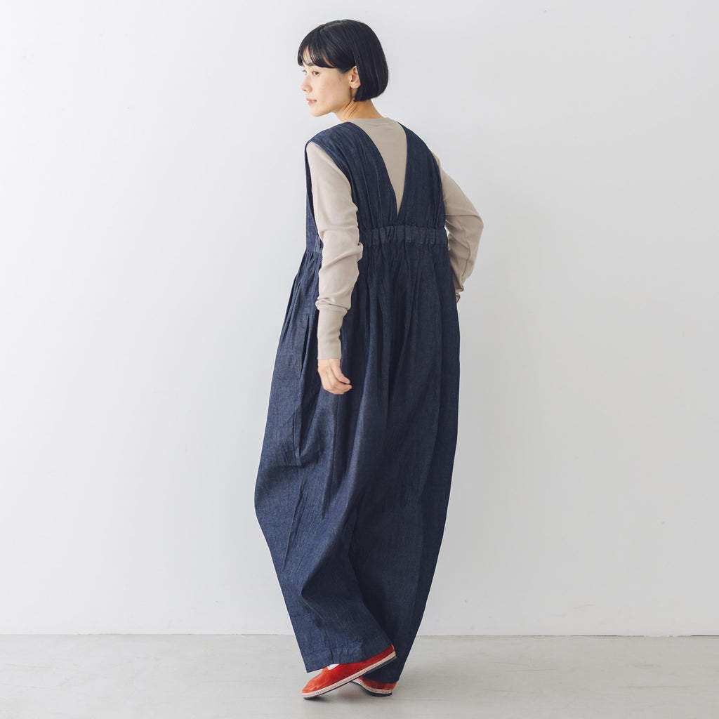 UNIVERSAL TISSU 6ozデニム Vネックタックギャザーサロペット