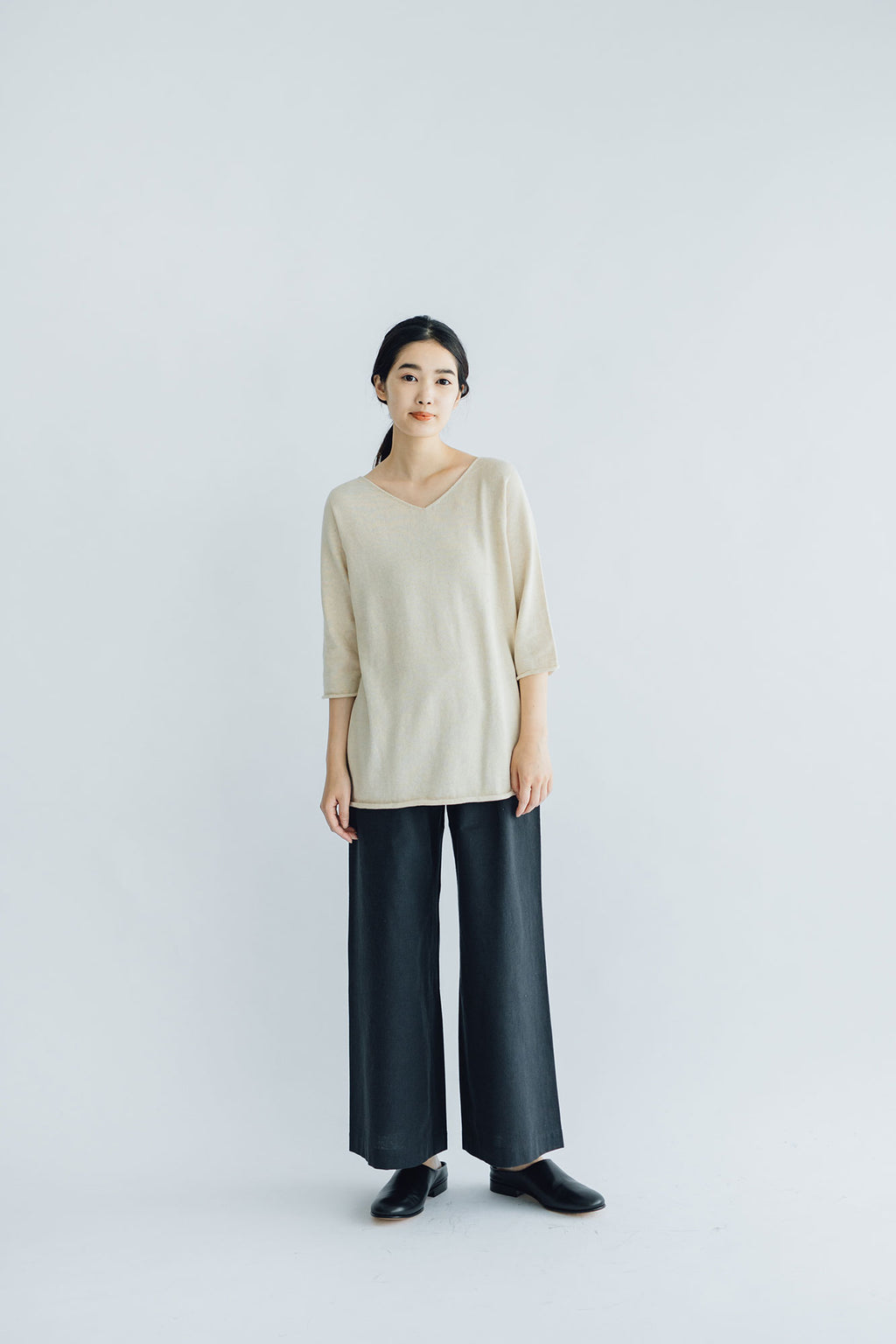 F/style 綿麻のニット編みカットソー Vネック（七分袖）