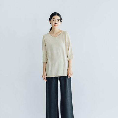F/style 綿麻のニット編みカットソー Vネック（七分袖）