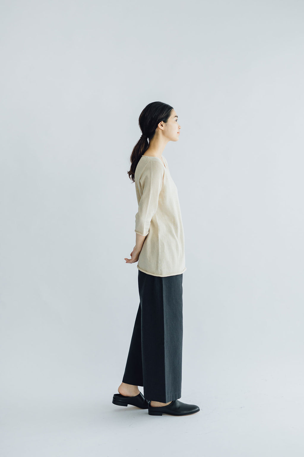 F/style 綿麻のニット編みカットソー Vネック（七分袖）