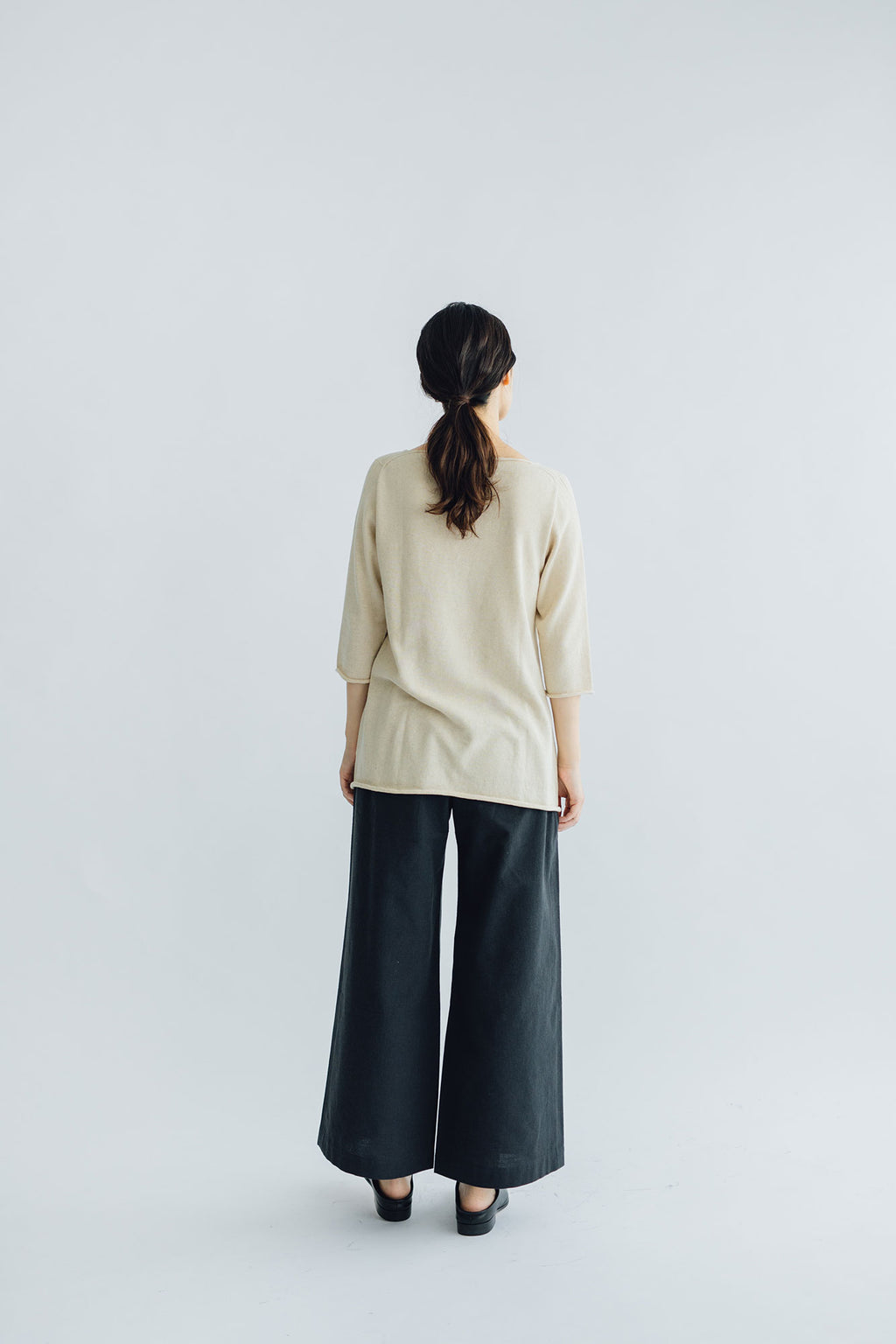 F/style 綿麻のニット編みカットソー Vネック（七分袖）