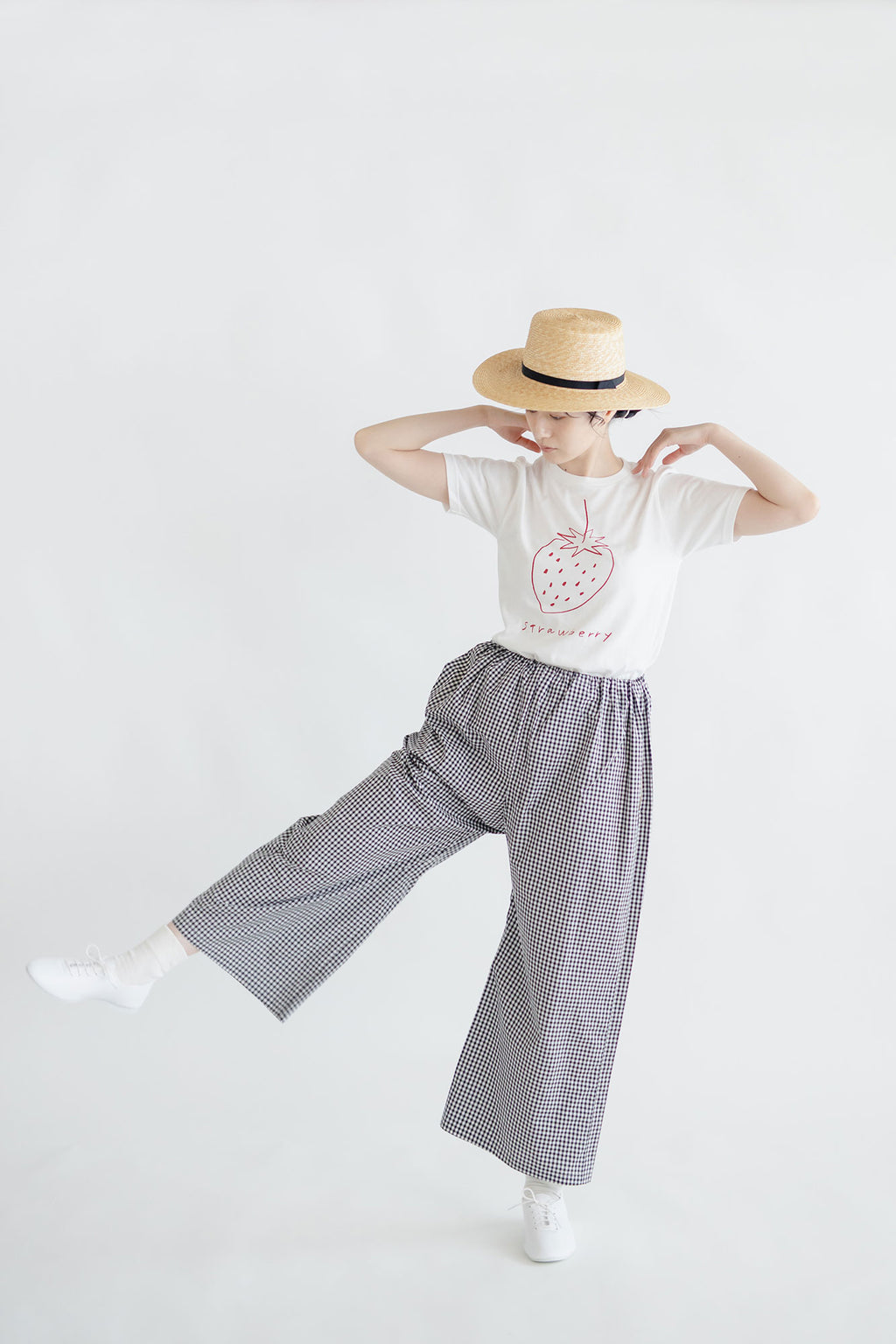pot and tea チェック柄シンプルワイドパンツ（M）