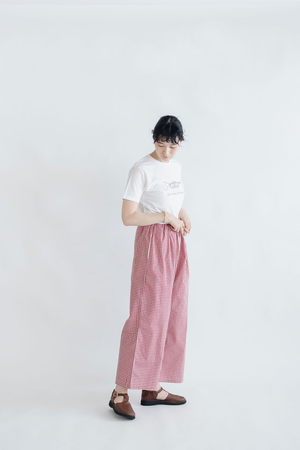 pot and tea チェック柄シンプルワイドパンツ（M）